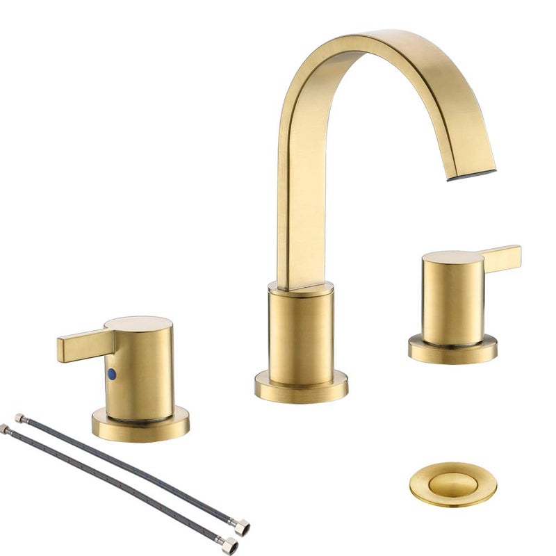 Phiestina 8 Inch 3 Hole 2 Handle Waterfall Widespread Brushed Gold Bathroom Sink Faucet with Metal Pop-Up Drain, WF040-1-BG - Image 1